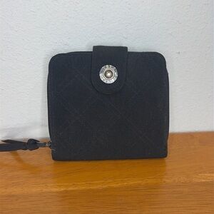 Vera Bradley Bifold Black Quilted Mini Wallet W/Snap Closer Zip Coin 4.75X 4.25”